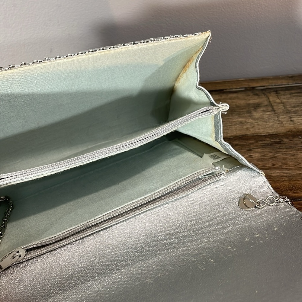 Mind Handbags Incorporated shiny silver clutch purse with chain - some staining - Picture 8 of 17